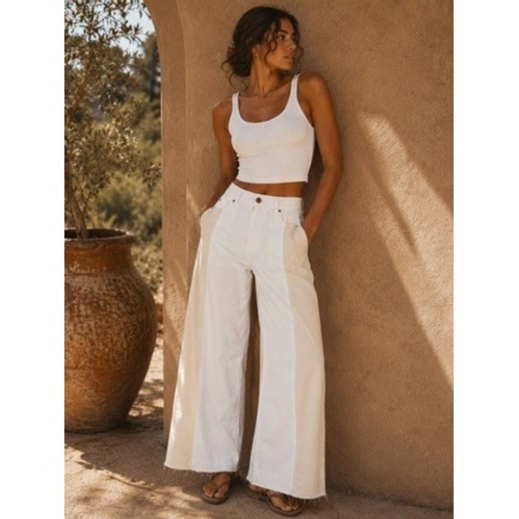 Zara Denim - Zara Womens Wide Leg Patchwork Jeans White Ecru High Rise 6164/186/072 Size 2